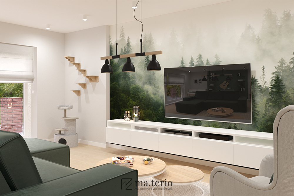 salon-styl-skandynawski-boho-zielone-ściany-tapeta-las-projektowanie-wnetrz-poznan-materio-6