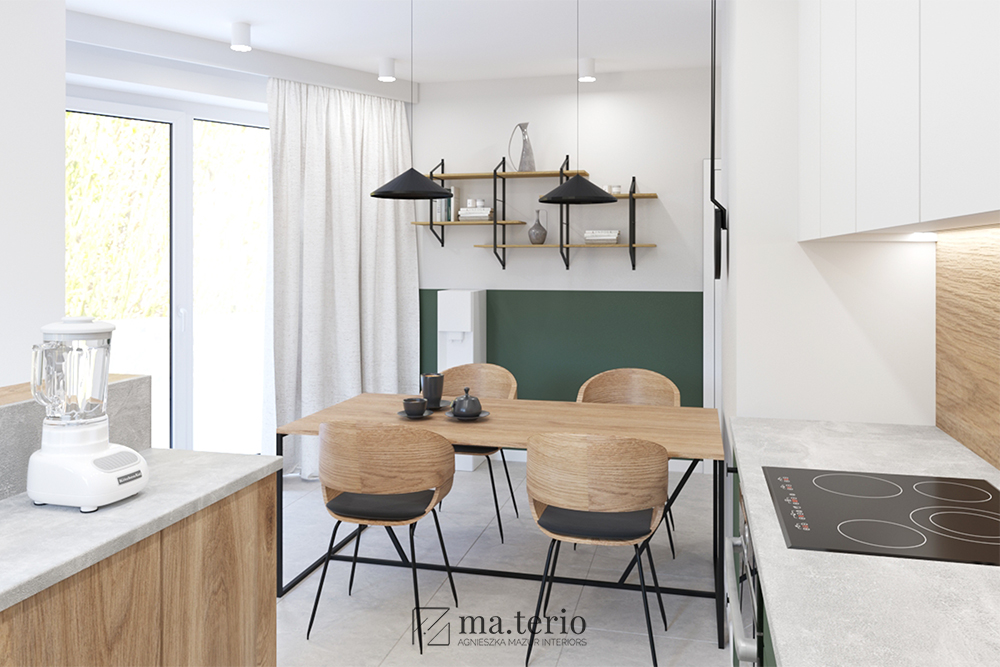 jadalnia-minimalistyczna-nowoczesna-dab-zielona-czarne-dodatki-popielate-szare-sciany-projektowanie-wnetrz-poznan-01
