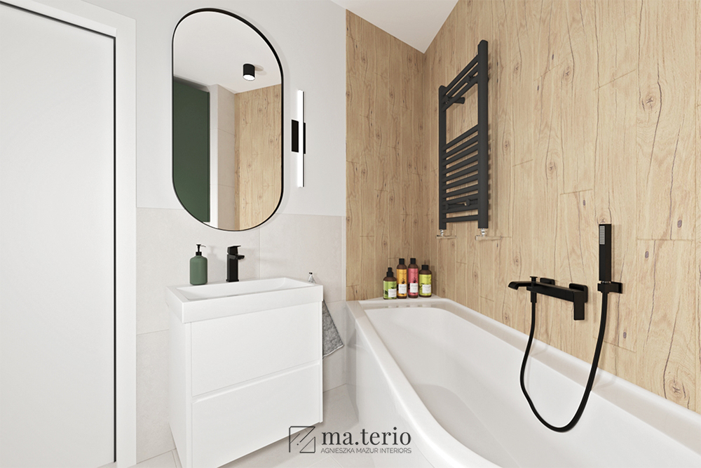 łazienka-minimalistyczna-nowoczesna-zielona-drewnopodobne-plytki-czarne-dodatki-armatura-projektowanie-wnetrz-poznan-01