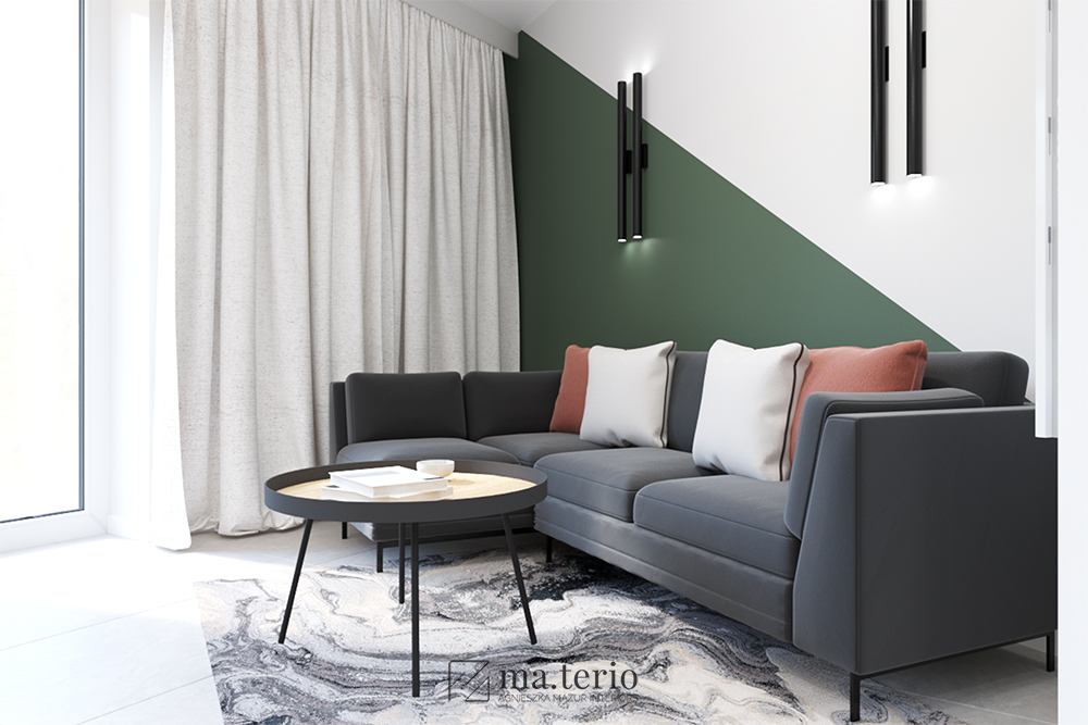 salon-minimalistyczny-nowoczesny-zielone-sciany-czarne-dodatki-popielate-szare-sciany-projektowanie-wnetrz-poznan-01