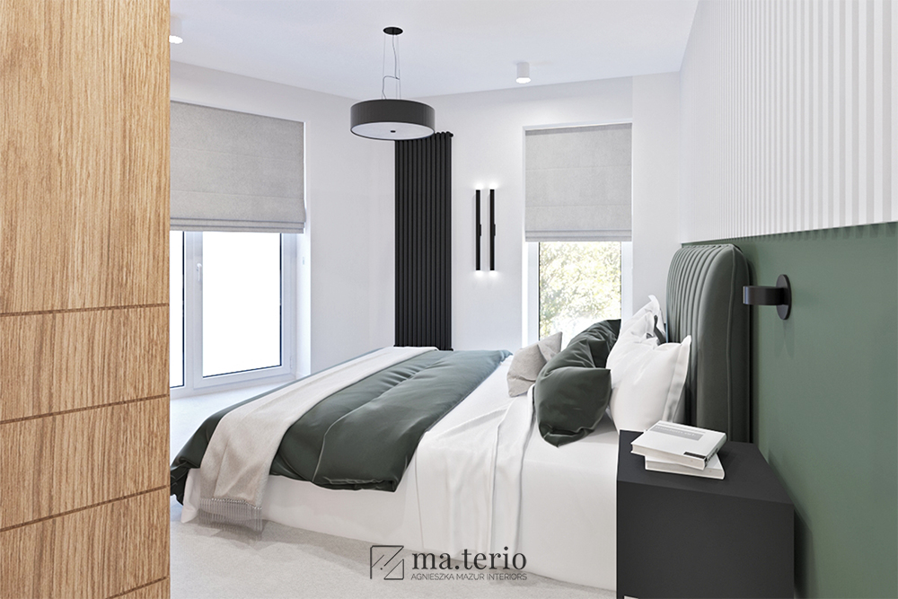 sypialnia-minimalistyczna-zielona-czarne-dodatki-popielate-szare-sciany-projektowanie-wnetrz-poznan-02