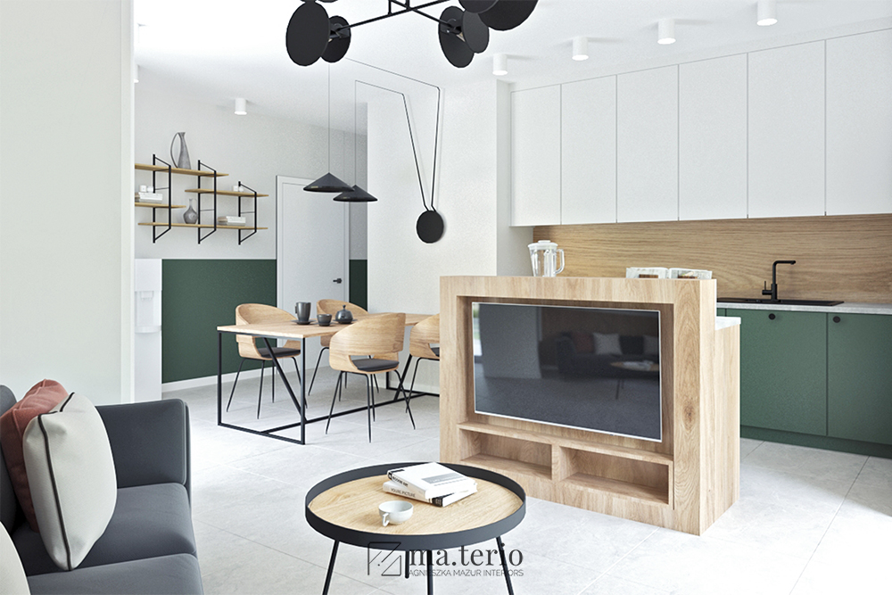 wyspa-z-tv-salon-minimalistyczny-nowoczesny-zielone-sciany-czarne-dodatki-popielate-szare-sciany-projektowanie-wnetrz-poznan-02