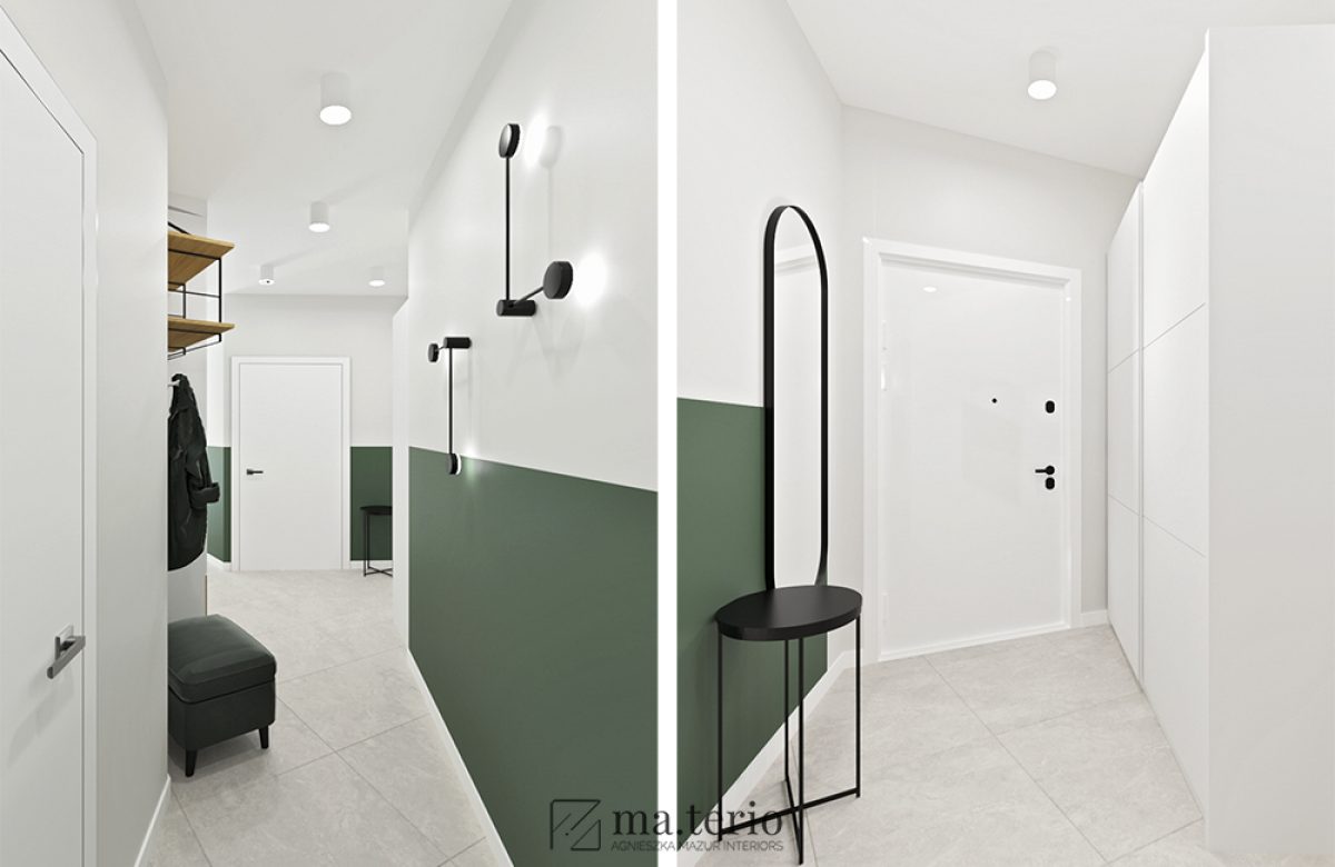 korytarz-minimalistyczny-nowoczesny-zielone-sciany-czarne-dodatki-popielate-szare-sciany-projektowanie-wnetrz-poznan-02